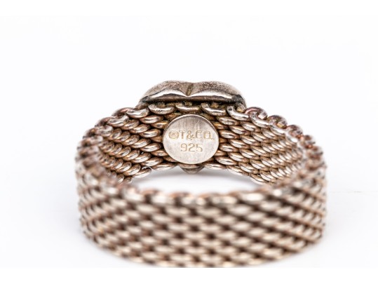 Tiffany & Co. Sterling Silver Fun 6.25 Mm Wide Heart Motif Mesh Band Ring, Size 7.5