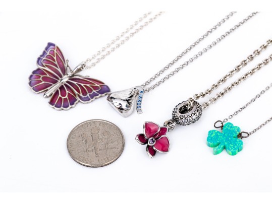 Collection Of Four Sterling Silver Whimsical Necklaces, Including A Shamrock, On Chains