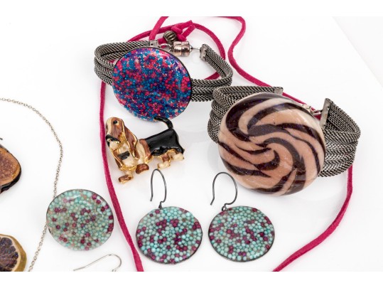 Collection Of Fruit, Flower, And Candy Resin Jewelry, With Acrylic Heart Necklace And Dog Brooch
