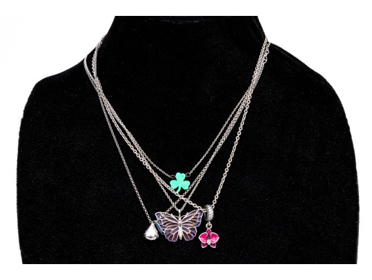 Collection Of Four Sterling Silver Whimsical Necklaces, Including A Shamrock, On Chains