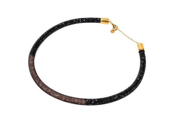 Swarovski Crystal Black And Champagne Color Crystal Filled Black Mesh Tube Necklace