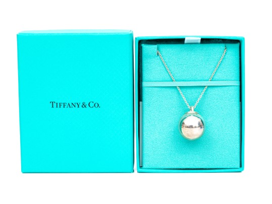 Tiffany & Co. Sterling Silver Striking HardWear 19mm Ball Pendant On Opera Length Chain, With Box