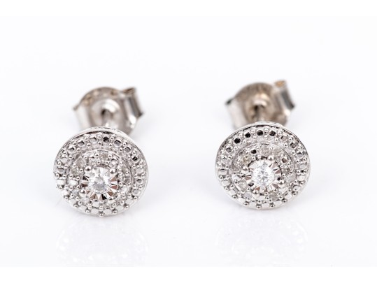 Sterling Silver Pair Of Diamond Set Cluster Stud Style Earrings, App. 0.13 TCW