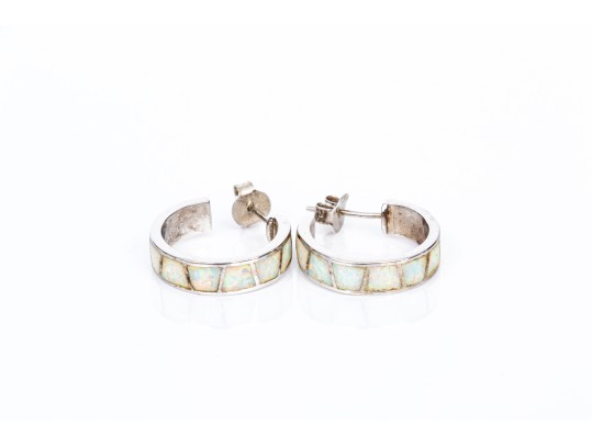 Sterling Silver Collection Of Four Opal Doublet Inlaid Drop Pendant And Hoop Earrings