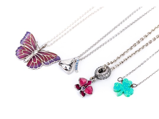 Collection Of Four Sterling Silver Whimsical Necklaces, Including A Shamrock, On Chains