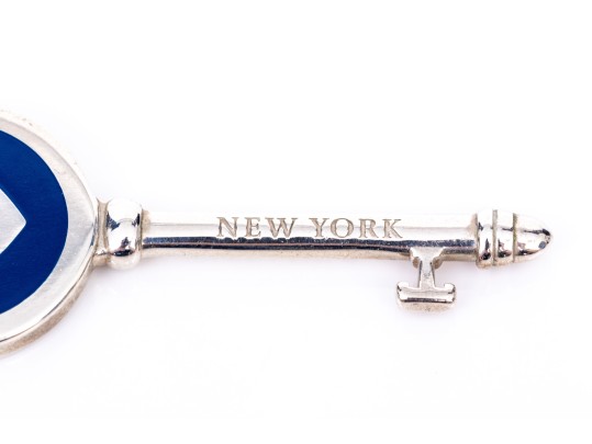 Tiffany & Co. Sterling Silver Blue Enamel Decorated Heart Tiffany Key, With Chain