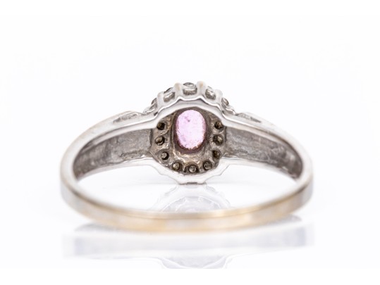 14k White Gold Oval Pink Topaz And Diamond Halo Ring, App. 0.07 TCW, Size 6.75