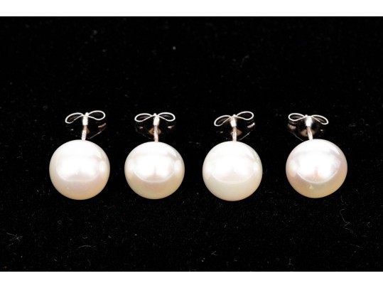 Sterling Silver Set Of Two Cultured Freshwater Pearl Stud Earrings, 8.25 Mm