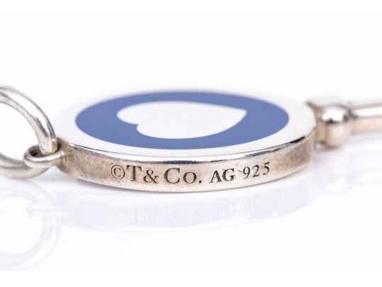 Tiffany & Co. Sterling Silver Blue Enamel Decorated Heart Tiffany Key, With Chain
