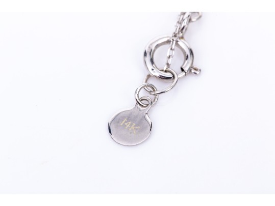14k White Gold Fine Curb Link Chain And Tiny Pave Diamond Set Heart Necklace, App. 0.03 TCW