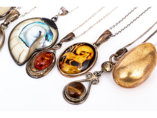 Sterling Silver Collection Of Ten Stone, Glass, Amber And Composite Necklaces