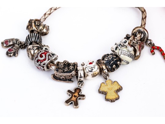 Pandora Sterling Silver Christmas Themed Charms, On A Woven Champagne Cord Bracelet