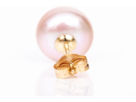 14k Yellow Gold Pink Toned 9.5 Mm Cultured Freshwater Pearl Earrings