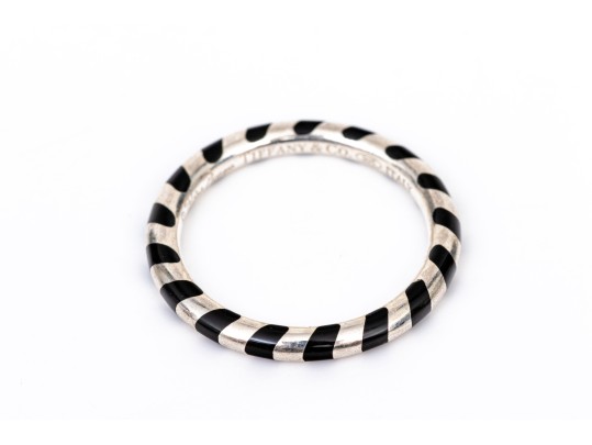 Tiffany & Co. Sterling Silver Paloma Picasso Black Enamel Candy Striped Stack Ring, Size 6