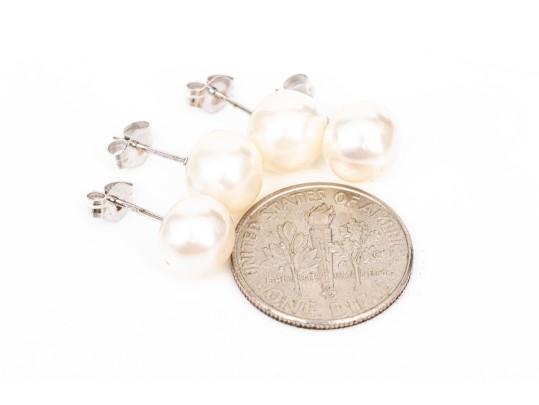 Sterling Silver Set Of Two Cultured Freshwater Pearl Stud Earrings, 8.25 Mm
