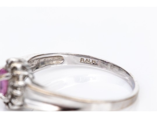 14k White Gold Oval Pink Topaz And Diamond Halo Ring, App. 0.07 TCW, Size 6.75