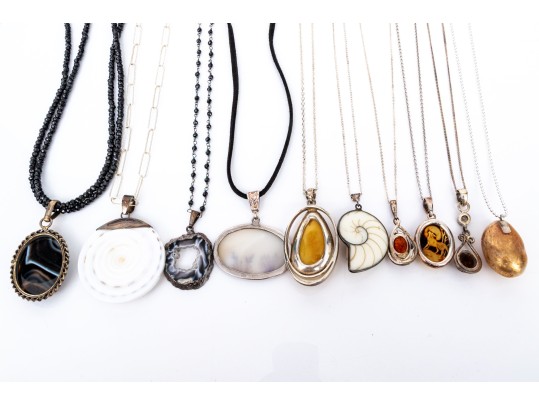 Sterling Silver Collection Of Ten Stone, Glass, Amber And Composite Necklaces