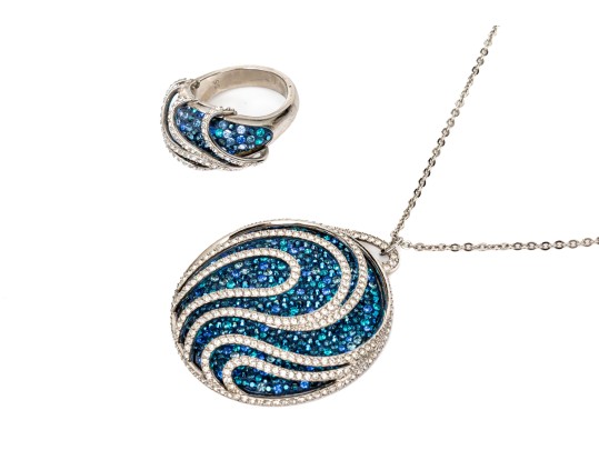 Swarovski Crystal Opera Length Necklace With Blue And White Crystal With Matching Ring