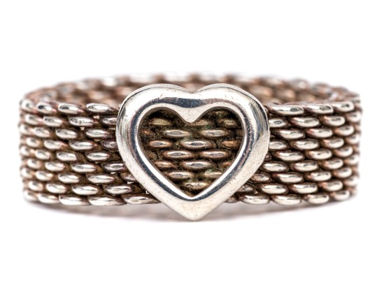 Tiffany & Co. Sterling Silver Fun 6.25 Mm Wide Heart Motif Mesh Band Ring, Size 7.5