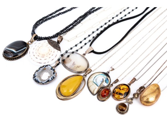 Sterling Silver Collection Of Ten Stone, Glass, Amber And Composite Necklaces