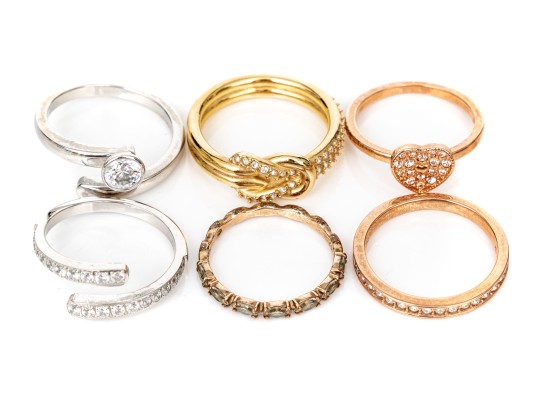 Swarovski Collection Of Six Rings, Rose, White And Yellow Tones, Sizes 5 3/4 To 7
