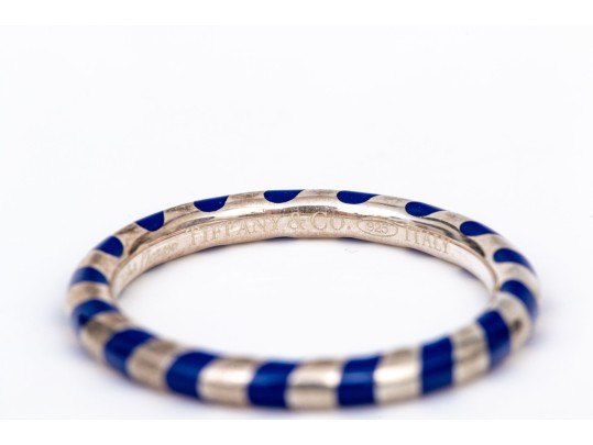 Tiffany & Co. Sterling Silver Paloma Picasso Blue Enamel Candy Striped Stack Ring, Size 6