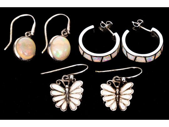 Sterling Silver Collection Of Four Opal Doublet Inlaid Drop Pendant And Hoop Earrings