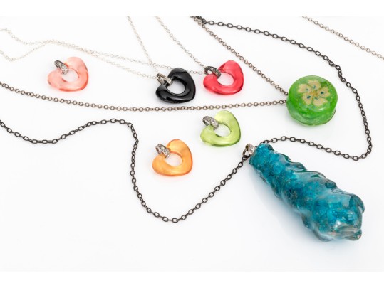 Collection Of Fruit, Flower, And Candy Resin Jewelry, With Acrylic Heart Necklace And Dog Brooch