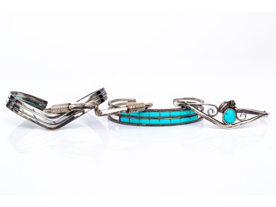 Sterling Silver Collection Of Four Cuff Style Bracelets; Two Plain Styles, Two Turquoise Set