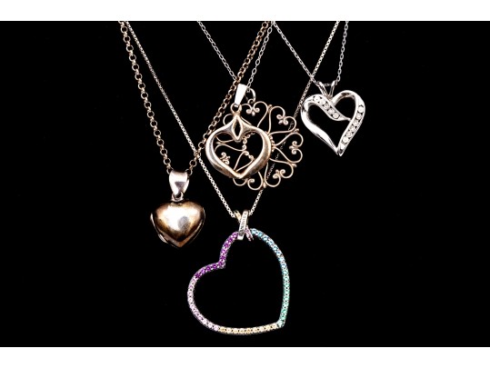 Collection Of Sterling Silver Heart Motif Pendants Plus One Heart Scatter Pin