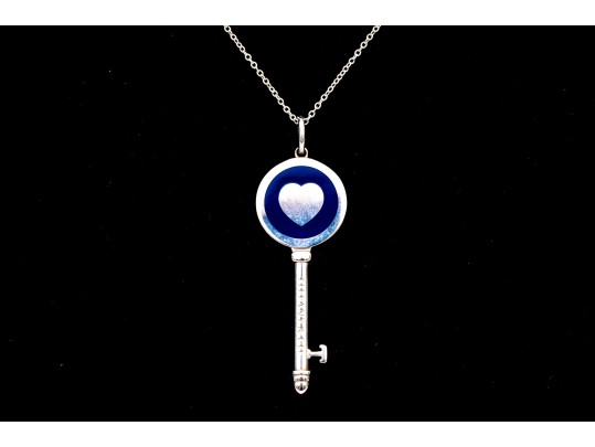 Tiffany & Co. Sterling Silver Blue Enamel Decorated Heart Tiffany Key, With Chain