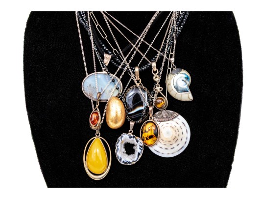 Sterling Silver Collection Of Ten Stone, Glass, Amber And Composite Necklaces