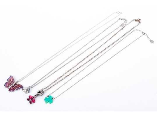 Collection Of Four Sterling Silver Whimsical Necklaces, Including A Shamrock, On Chains