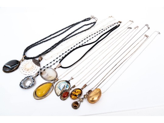 Sterling Silver Collection Of Ten Stone, Glass, Amber And Composite Necklaces