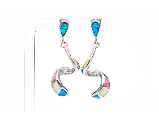Sterling Silver Collection Of Four Opal Doublet Inlaid Drop Pendant And Hoop Earrings