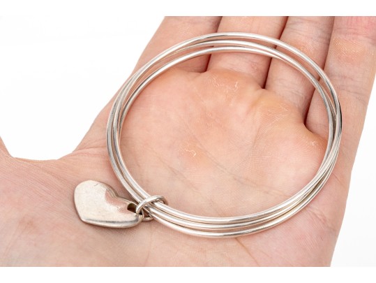 Tiffany & Co. Sterling Silver Striking Three Row Slip On Bangle Bracelet, With Heart Charm