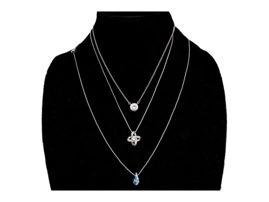 Sterling Silver Collection Of Three Cz And Crystal Set Necklaces On Chains