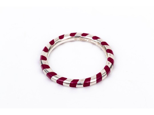 Tiffany & Co. Sterling Silver Paloma Picasso Dark Pink Enamel Candy Striped Stack Ring, Size 6