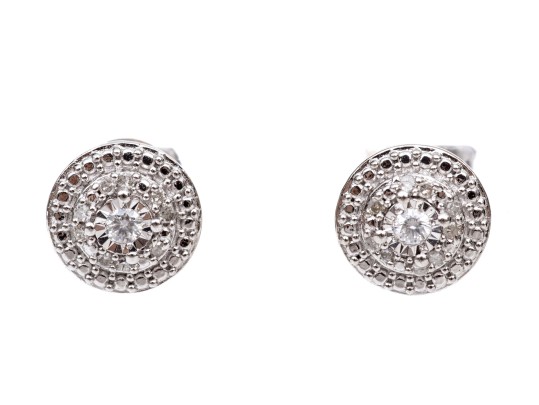 Sterling Silver Pair Of Diamond Set Cluster Stud Style Earrings, App. 0.13 TCW