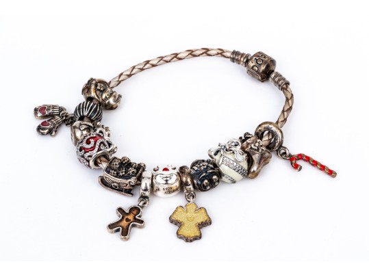 Pandora Sterling Silver Christmas Themed Charms, On A Woven Champagne Cord Bracelet