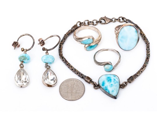 Sterling Silver Collection Of Light Blue Larimar Stone Jewelry