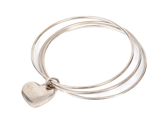 Tiffany & Co. Sterling Silver Striking Three Row Slip On Bangle Bracelet, With Heart Charm