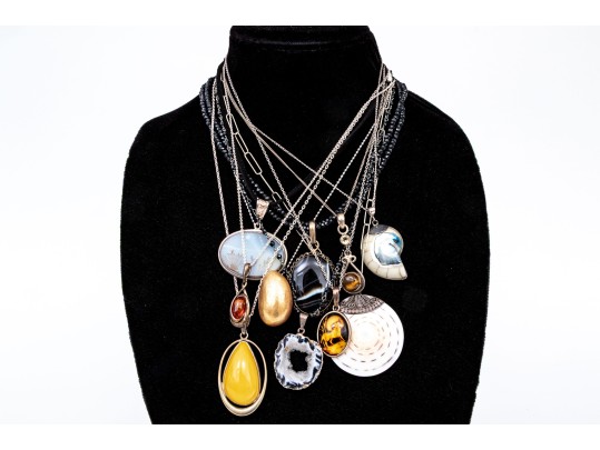 Sterling Silver Collection Of Ten Stone, Glass, Amber And Composite Necklaces