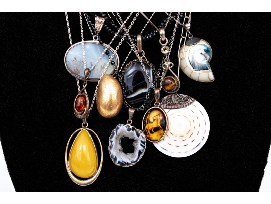 Sterling Silver Collection Of Ten Stone, Glass, Amber And Composite Necklaces