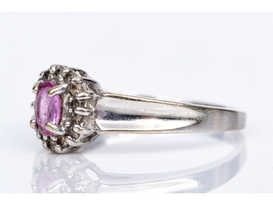 14k White Gold Oval Pink Topaz And Diamond Halo Ring, App. 0.07 TCW, Size 6.75