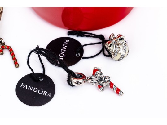 Pandora Sterling Silver Christmas Themed Charms, On A Woven Champagne Cord Bracelet