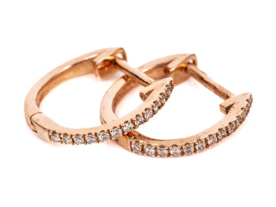 14k Rose Gold Diamond Set Narrow Hinged Hoop Earrings, App. 0.06 TCW