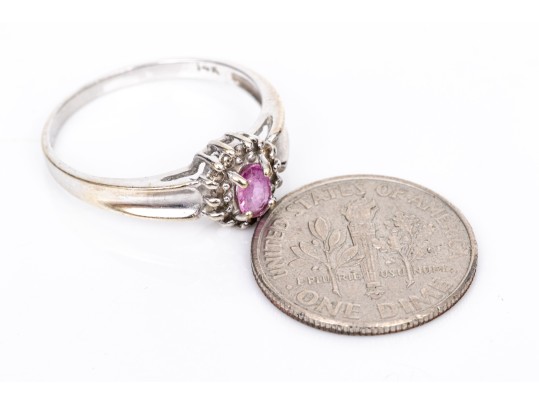 14k White Gold Oval Pink Topaz And Diamond Halo Ring, App. 0.07 TCW, Size 6.75