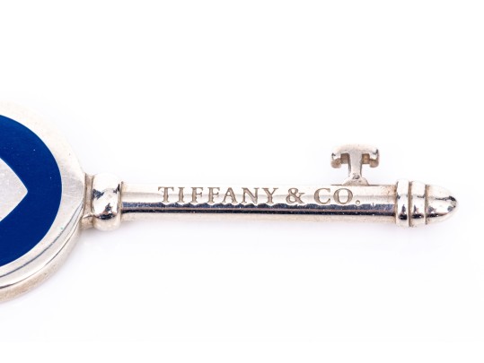 Tiffany & Co. Sterling Silver Blue Enamel Decorated Heart Tiffany Key, With Chain