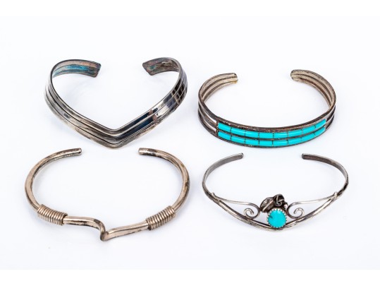 Sterling Silver Collection Of Four Cuff Style Bracelets; Two Plain Styles, Two Turquoise Set